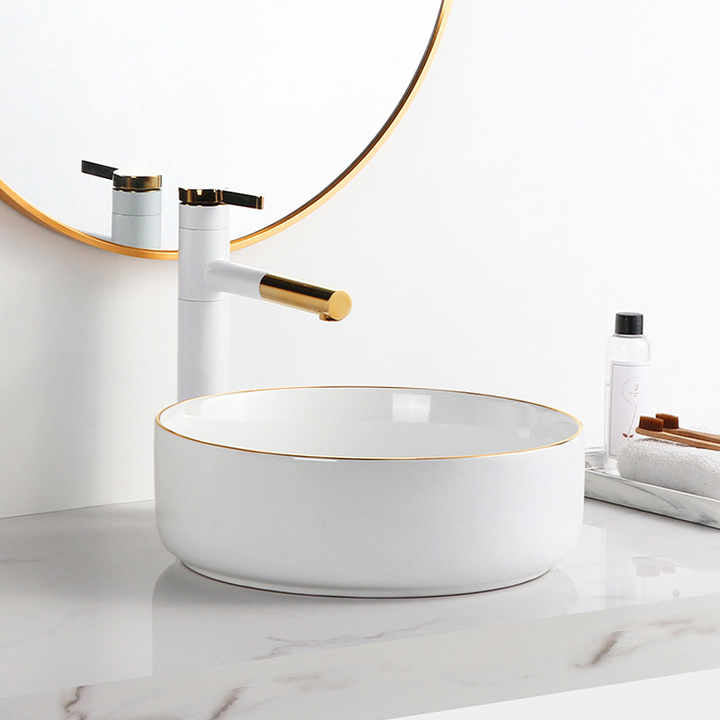 Round Ceramic Vessel Sink – White with Gold Trim