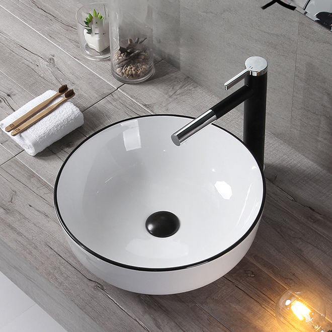 Round Ceramic Vessel Sink – White with Black Rim