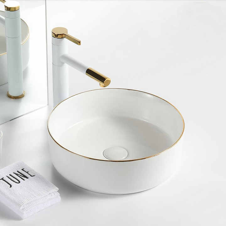 Round Ceramic Vessel Sink – White with Gold Trim