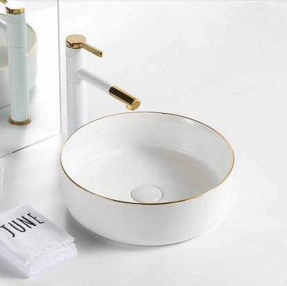 Round Ceramic Vessel Sink – White with Gold Trim