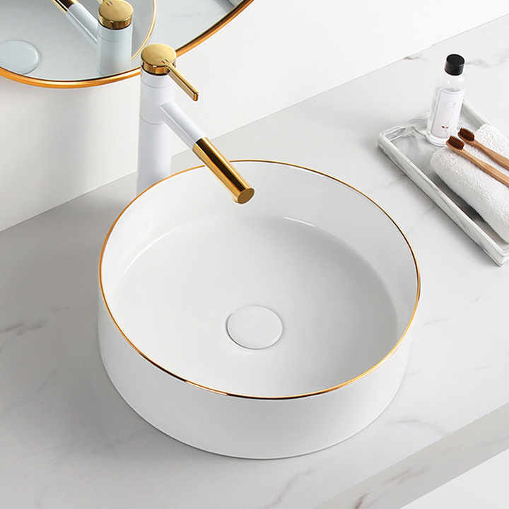 Round Ceramic Vessel Sink – White with Gold Trim