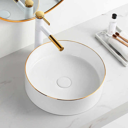 Round Ceramic Vessel Sink – White with Gold Trim