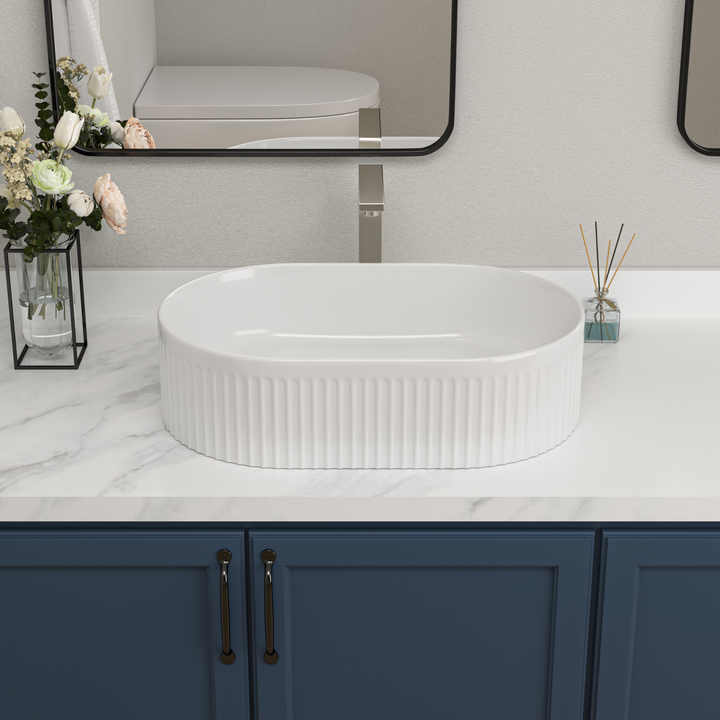Oval Ceramic Vessel Sink – Fluted Design, White Finish 9744