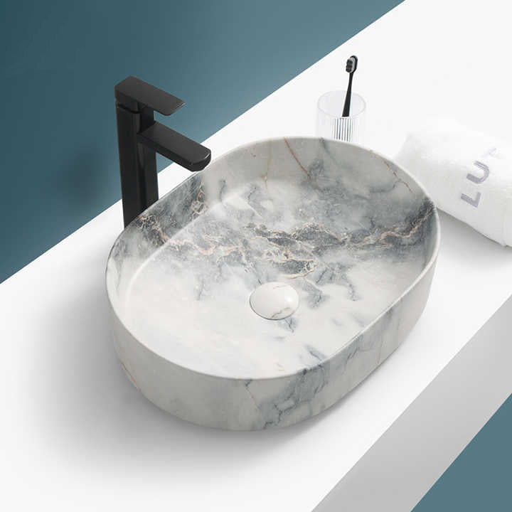 Oval Ceramic Vessel Sink – Marble-Effect Finish