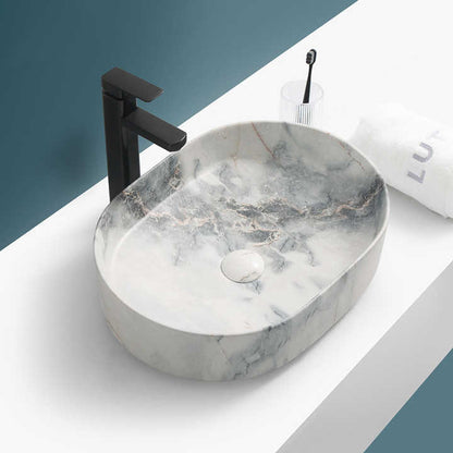 Oval Ceramic Vessel Sink – Marble-Effect Finish