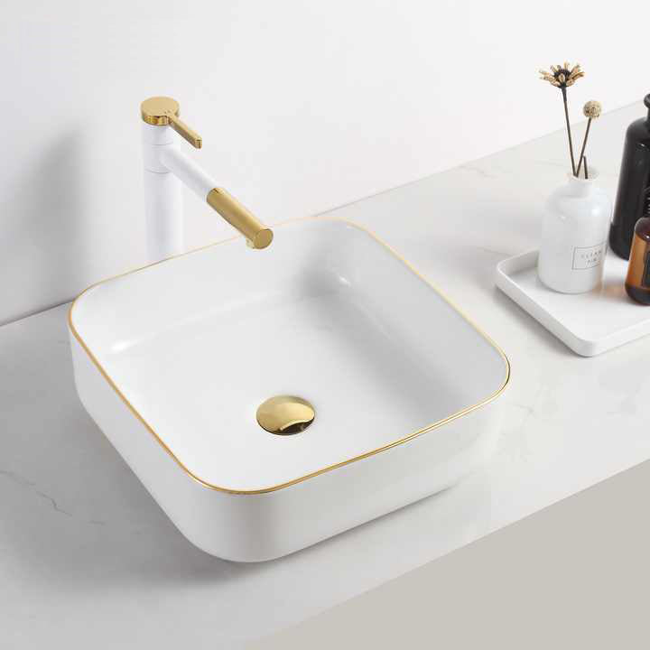 Square Ceramic Vessel Sink – White with Gold Trim