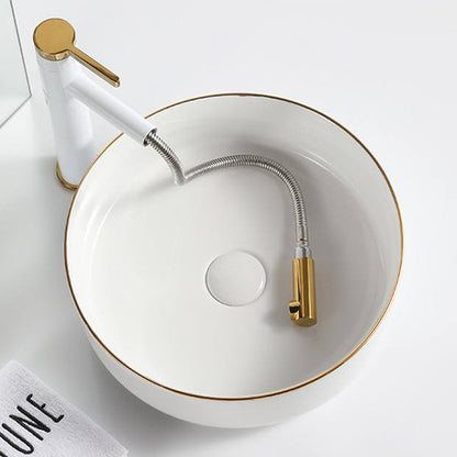 Round Ceramic Vessel Sink – White with Gold Trim