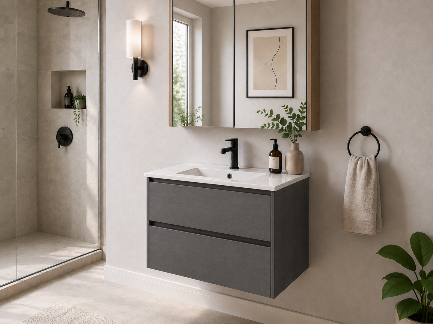 36" HB Series Hanging Vanity With Single Sink and Storage