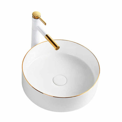 Round Ceramic Vessel Sink – White with Gold Trim