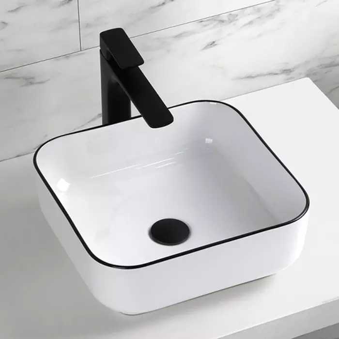 Square Ceramic Vessel Sink – White with Black Rim
