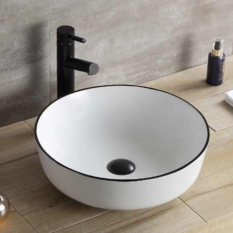 Round Ceramic Vessel Sink – White with Black Rim