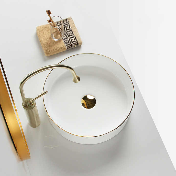 Round Ceramic Vessel Sink – White with Gold Trim