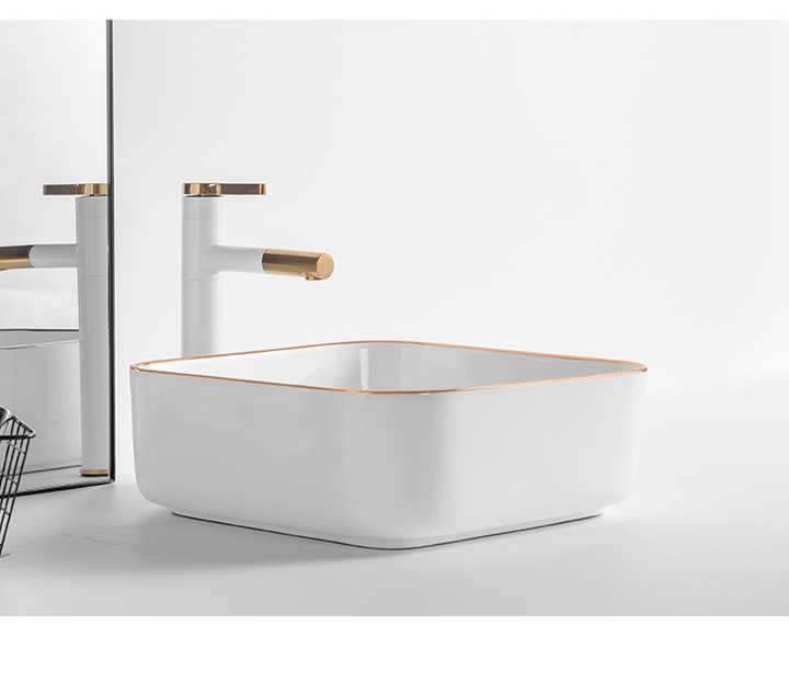 Square Ceramic Vessel Sink – White with Gold Trim