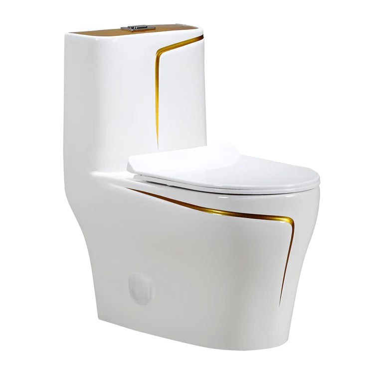 One-Piece Toilet Bowl  – White/Gold, High-Efficiency Dual Flush with Soft-Close Seat