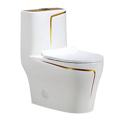 One-Piece Toilet Bowl  – White/Gold, High-Efficiency Dual Flush with Soft-Close Seat