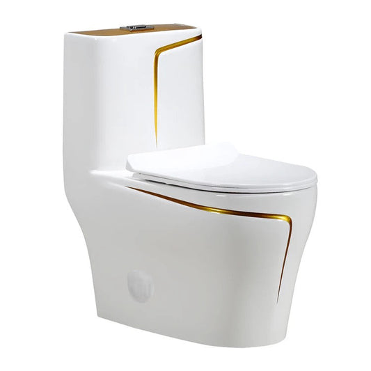 One-Piece Toilet Bowl  – White/Gold, High-Efficiency Dual Flush with Soft-Close Seat