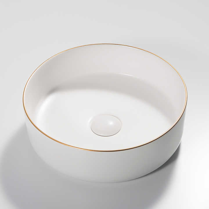 Round Ceramic Vessel Sink – White with Gold Trim