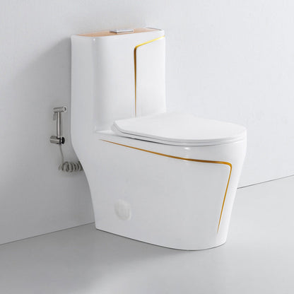 One-Piece Toilet Bowl  – White/Gold, High-Efficiency Dual Flush with Soft-Close Seat