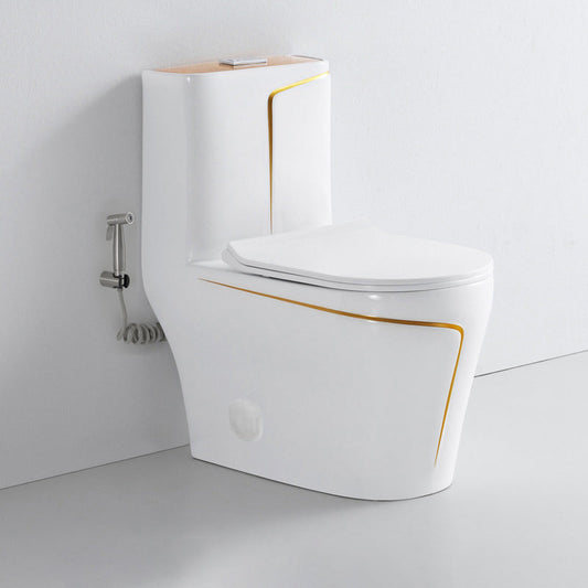 One-Piece Toilet Bowl  – White/Gold, High-Efficiency Dual Flush with Soft-Close Seat
