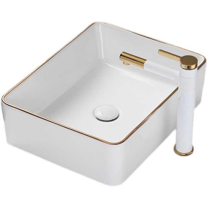 Rectangular Ceramic Vessel Sink – White with Gold Trim
