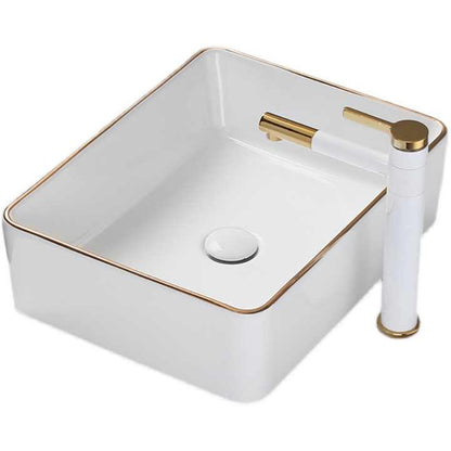 Rectangular Ceramic Vessel Sink – White with Gold Trim