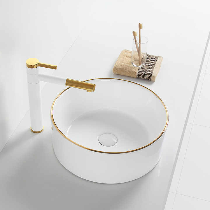 Round Ceramic Vessel Sink – White with Gold Trim