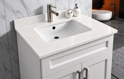 Pure Bath 25 inch Marble White single sink countertop, cabinet scene