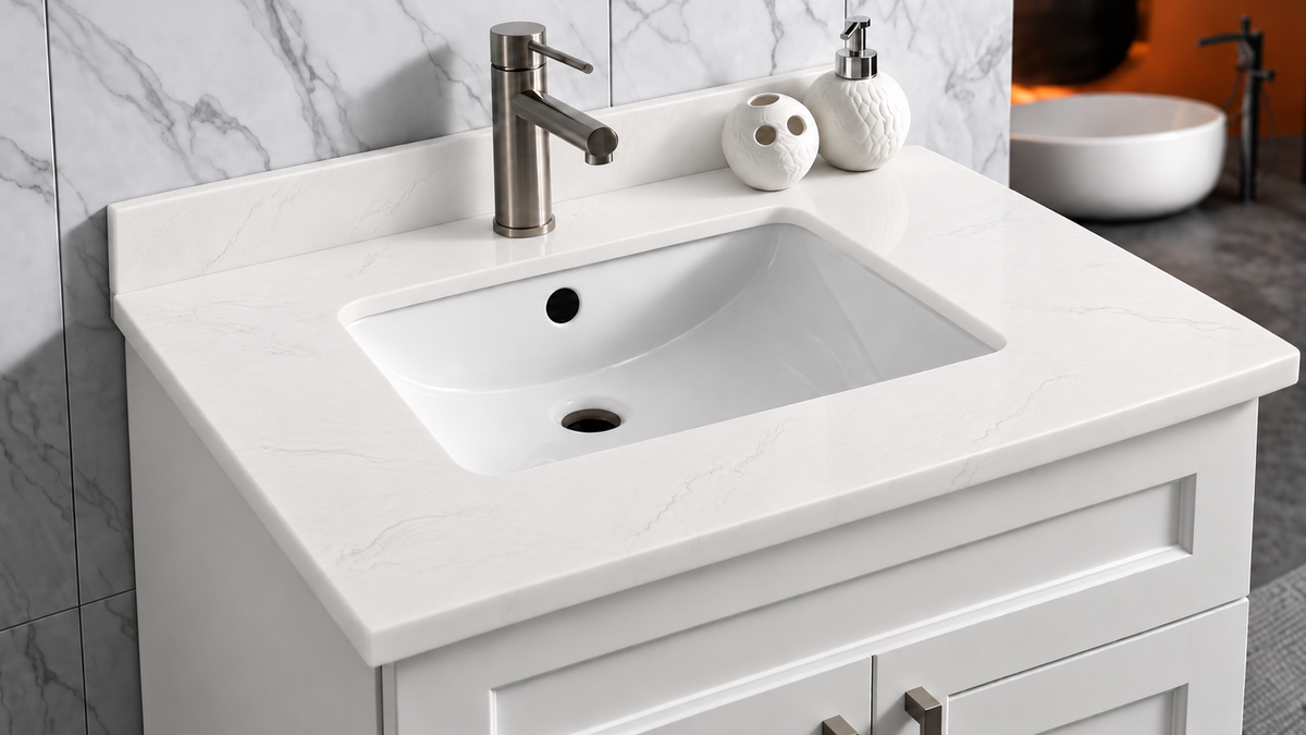 Pure Bath 25 inch Marble White single sink countertop, countertop close-up