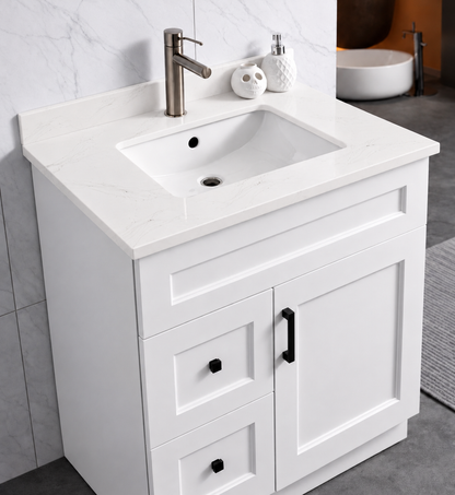 Pure Bath 31 inch Marble White single sink countertop, cabinet scene