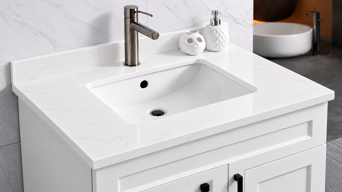 Pure Bath 31 inch Marble White single sink countertop, countertop close-up