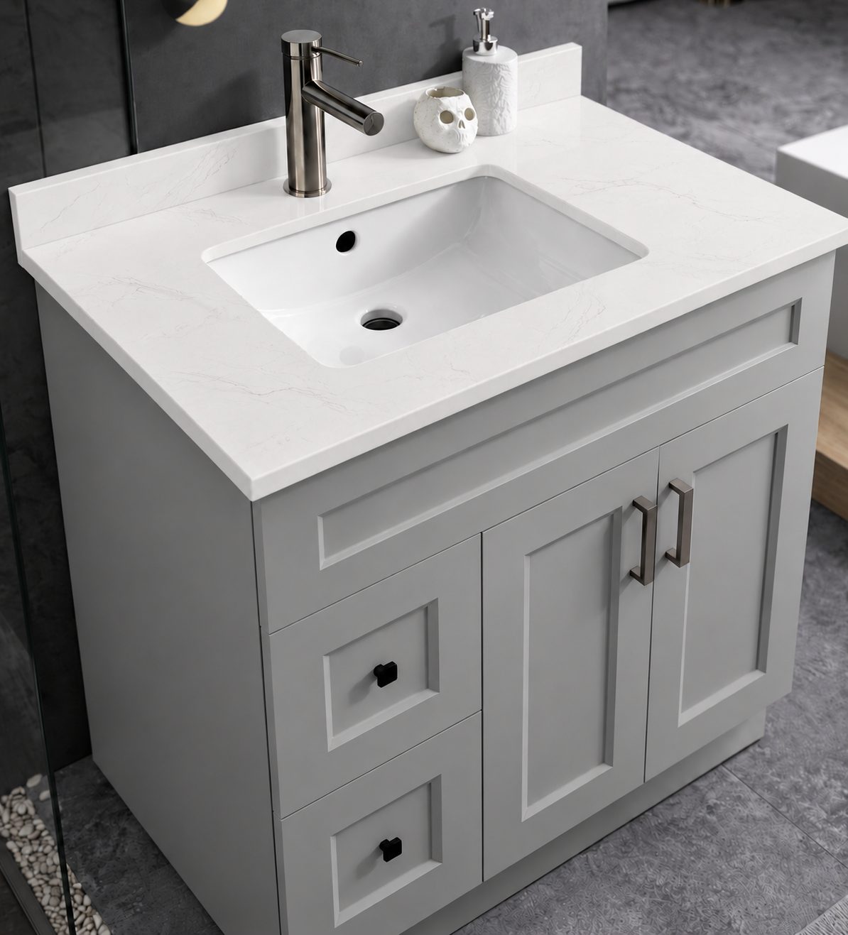 Pure Bath 37 inch Marble White single sink countertop, cabinet scene