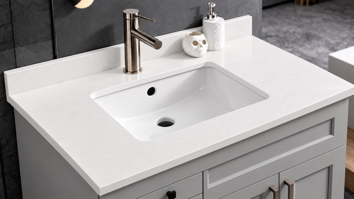 Pure Bath 37 inch Marble White single sink countertop, countertop close-up