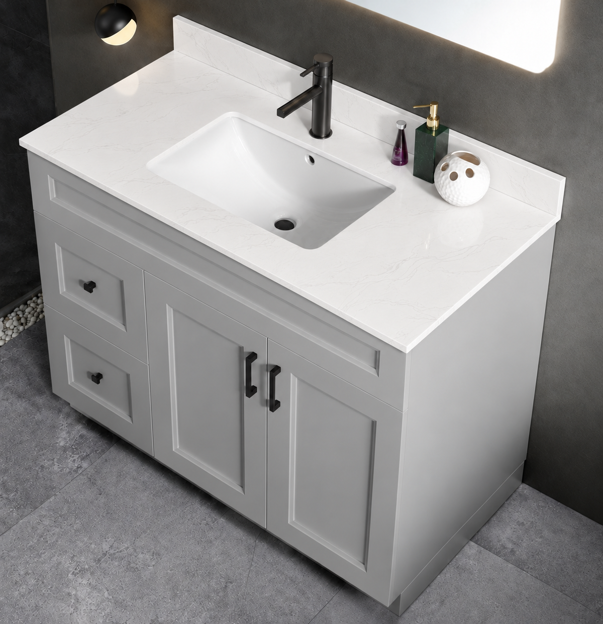 Pure Bath 43 inch Marble White single sink countertop, cabinet scene