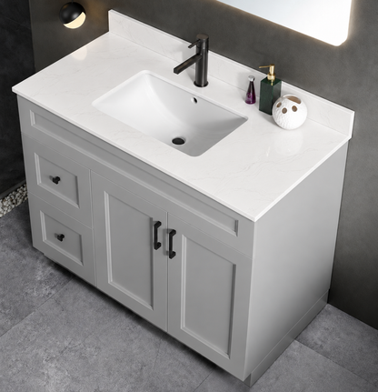 Pure Bath 43 inch Marble White single sink countertop, cabinet scene