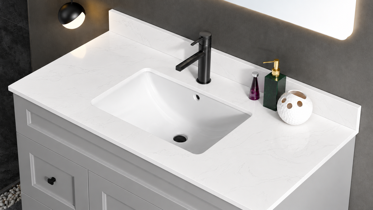 Pure Bath 43 inch Marble White single sink countertop, countertop close-up