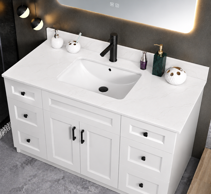 Pure Bath 49 inch Marble White single sink countertop, cabinet scene