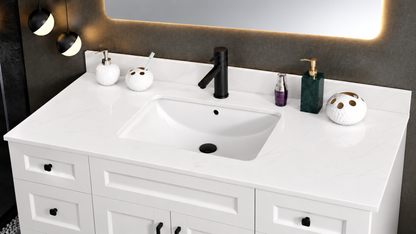 Pure Bath 49 inch Marble White single sink countertop, countertop close-up