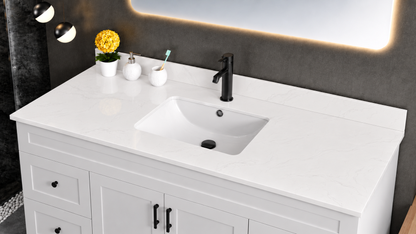 Pure Bath 55 inch Marble White single sink countertop, countertop close-up