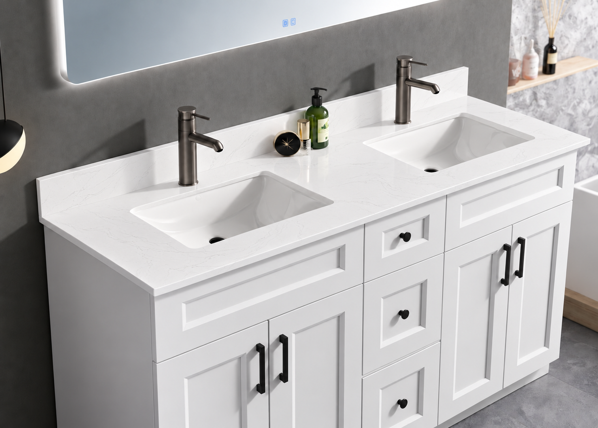 Pure Bath 61 inch Marble White double sink countertop, cabinet scene
