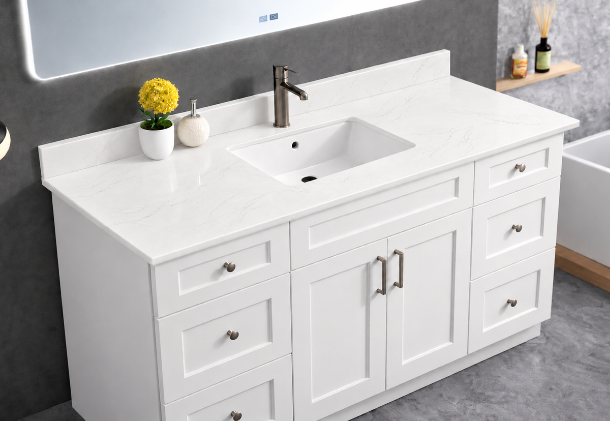 Pure Bath 61 inch Marble White single sink countertop, cabinet scene