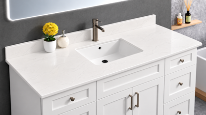 Pure Bath 61 inch Marble White single sink countertop, countertop close-up