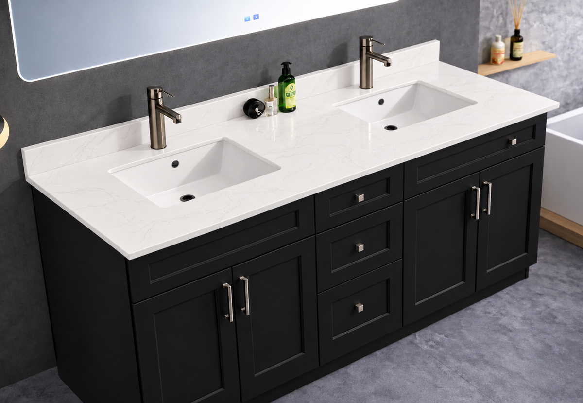 Pure Bath 73 inch Marble White double sink countertop, cabinet scene