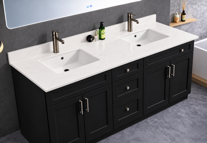 Pure Bath 73 inch Marble White double sink countertop, cabinet scene