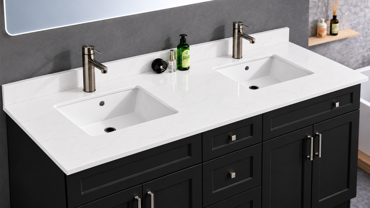 Pure Bath 73 inch Marble White double sink countertop, countertop close-up