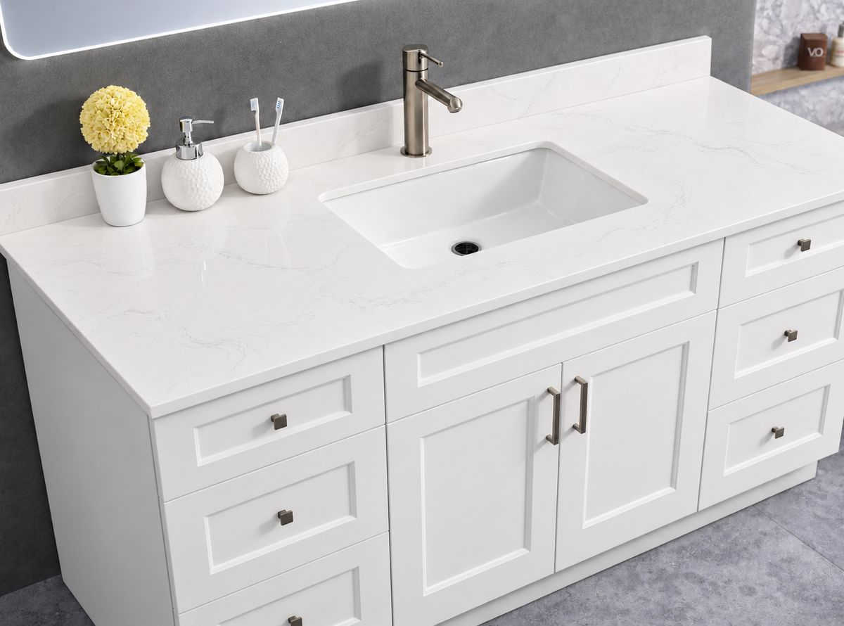 Pure Bath 73 inch Marble White single sink countertop, cabinet scene