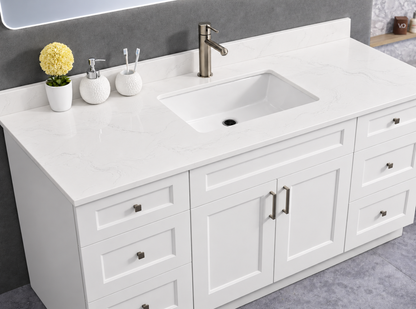 Pure Bath 73 inch Marble White single sink countertop, cabinet scene