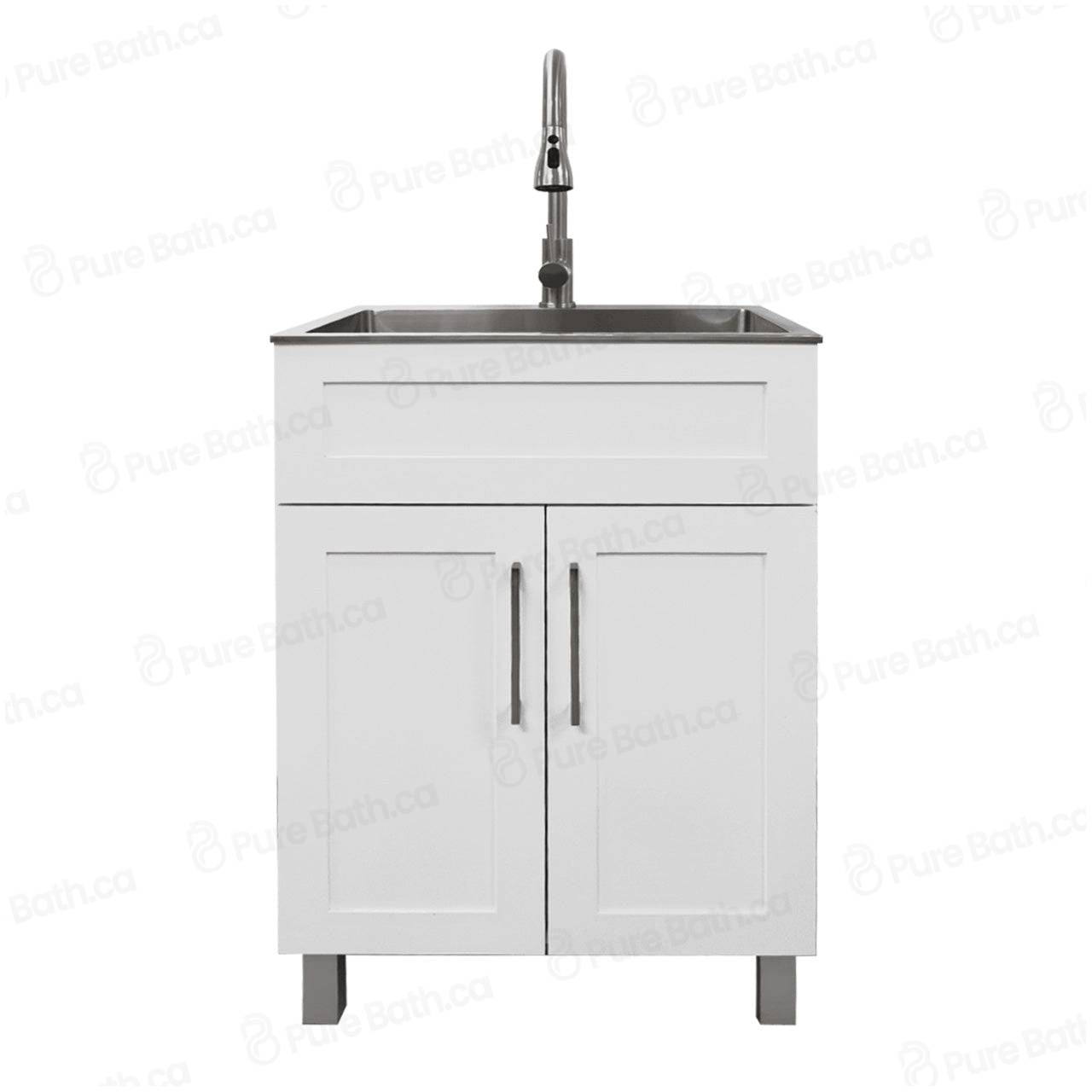 24″ Cabinet with Faucet and Stainless Steel Sink in White, for The Laundry Room and Utility Room(HDF)