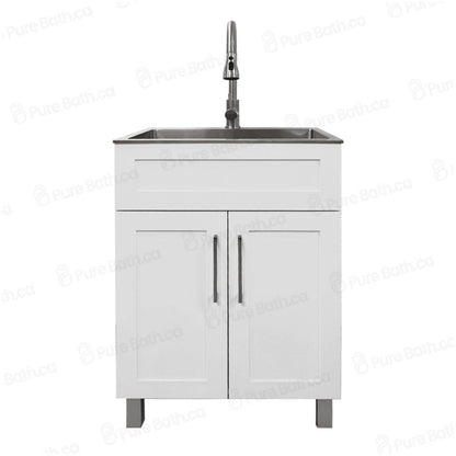 24″ Cabinet with Faucet and Stainless Steel Sink in White, for The Laundry Room and Utility Room(HDF)