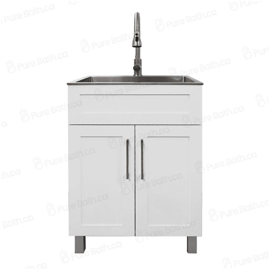 24″ Cabinet with Faucet and Stainless Steel Sink in White, for The Laundry Room and Utility Room(HDF)