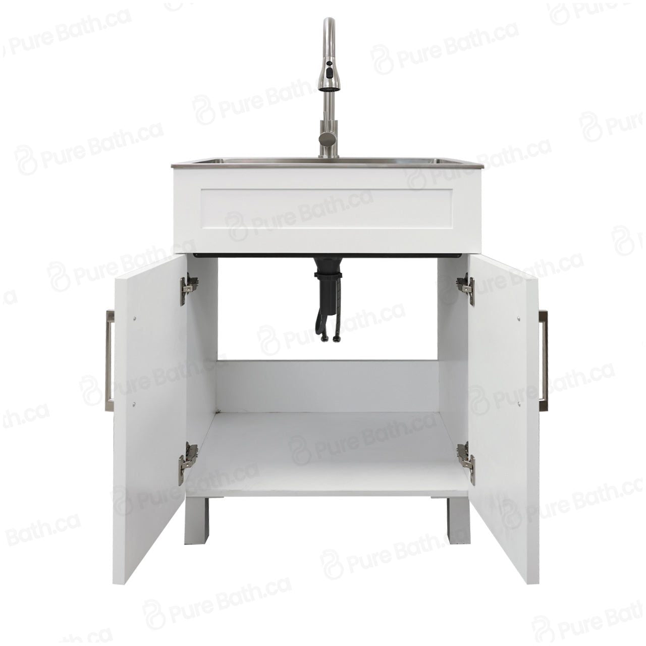 24″ Cabinet with Faucet and Stainless Steel Sink in White, for The Laundry Room and Utility Room(HDF)